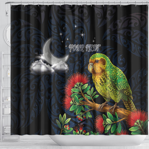 New Zealand Kakapo Matariki Personalised Shower Curtain Pohutukawa Flower Galaxy Maori Pattern