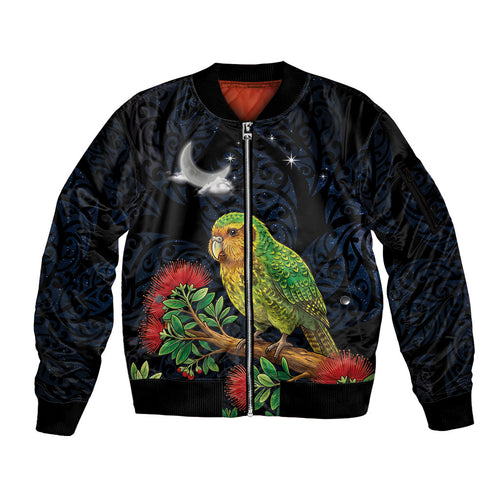 New Zealand Kakapo Matariki Personalised Sleeve Zip Bomber Jacket Pohutukawa Flower Galaxy Maori Pattern