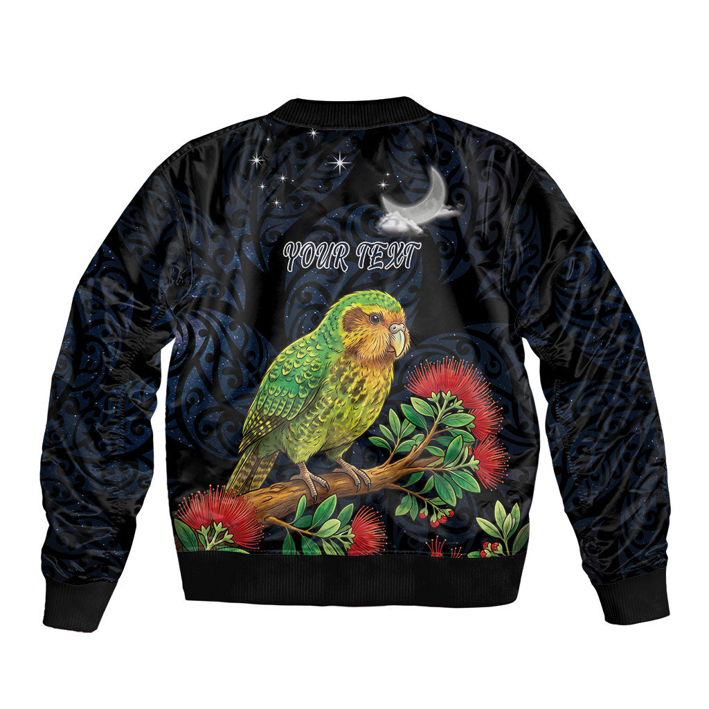 New Zealand Kakapo Matariki Personalised Sleeve Zip Bomber Jacket Pohutukawa Flower Galaxy Maori Pattern