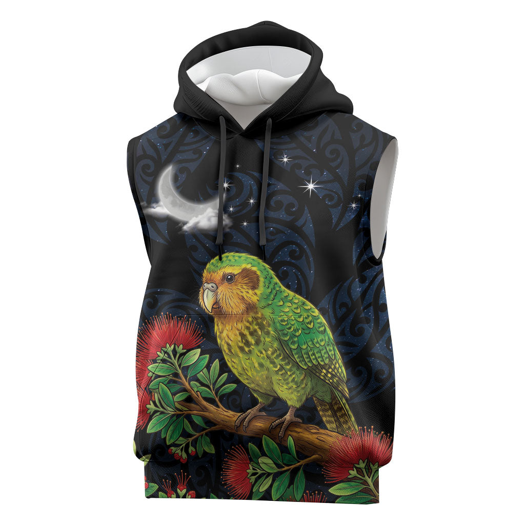 New Zealand Kakapo Matariki Personalised Sleeveless Hoodie Pohutukawa Flower Galaxy Maori Pattern