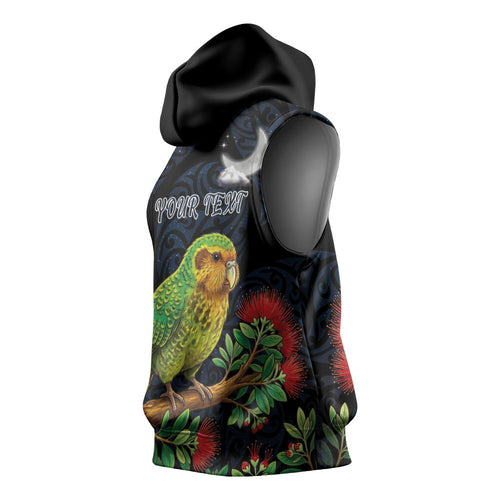 New Zealand Kakapo Matariki Personalised Sleeveless Hoodie Pohutukawa Flower Galaxy Maori Pattern