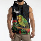 New Zealand Kakapo Matariki Personalised Sleeveless Hoodie Pohutukawa Flower Galaxy Maori Pattern