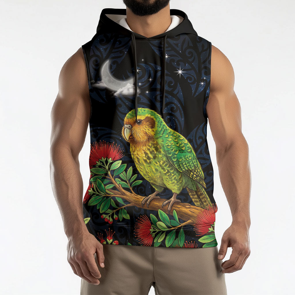 New Zealand Kakapo Matariki Personalised Sleeveless Hoodie Pohutukawa Flower Galaxy Maori Pattern
