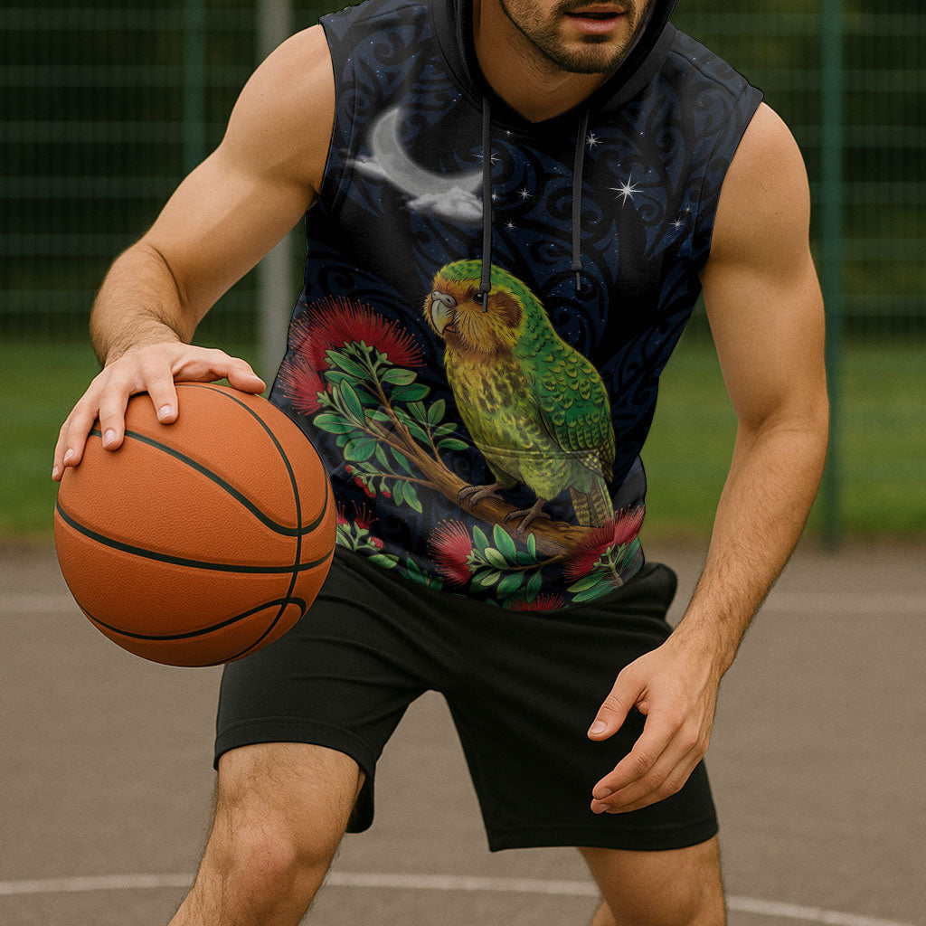 New Zealand Kakapo Matariki Personalised Sleeveless Hoodie Pohutukawa Flower Galaxy Maori Pattern