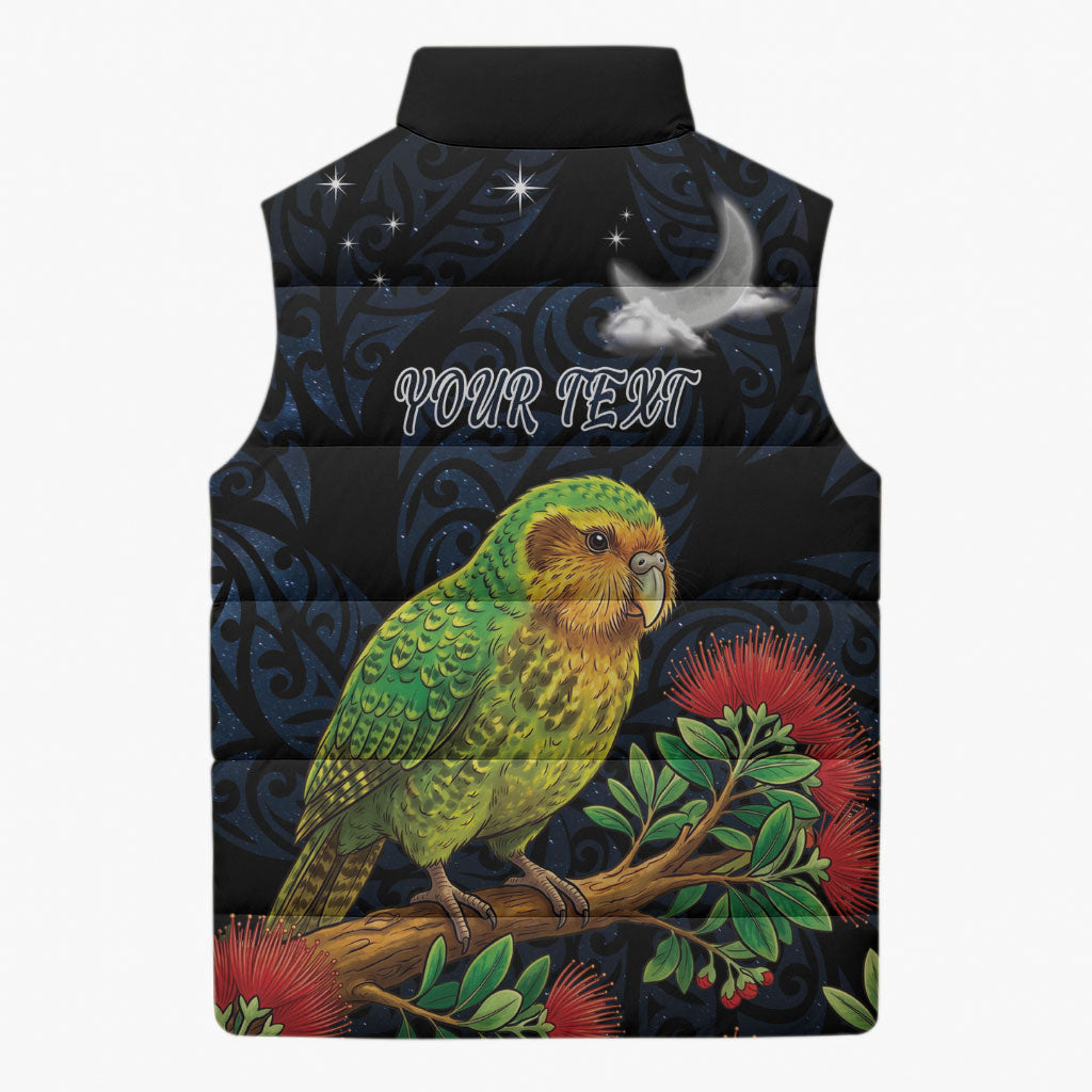 New Zealand Kakapo Matariki Personalised Sleeveless Puffer Jacket Pohutukawa Flower Galaxy Maori Pattern