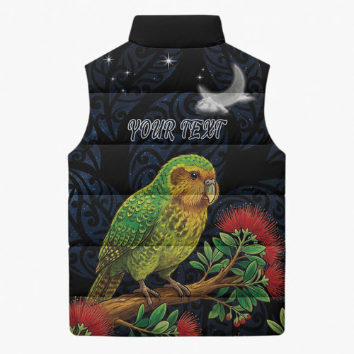 New Zealand Kakapo Matariki Personalised Sleeveless Puffer Jacket Pohutukawa Flower Galaxy Maori Pattern