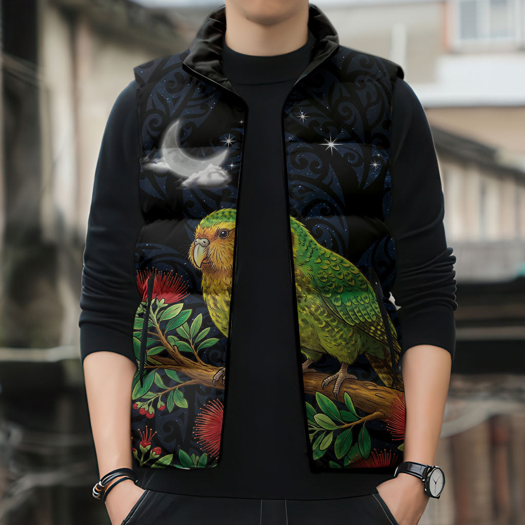 New Zealand Kakapo Matariki Personalised Sleeveless Puffer Jacket Pohutukawa Flower Galaxy Maori Pattern
