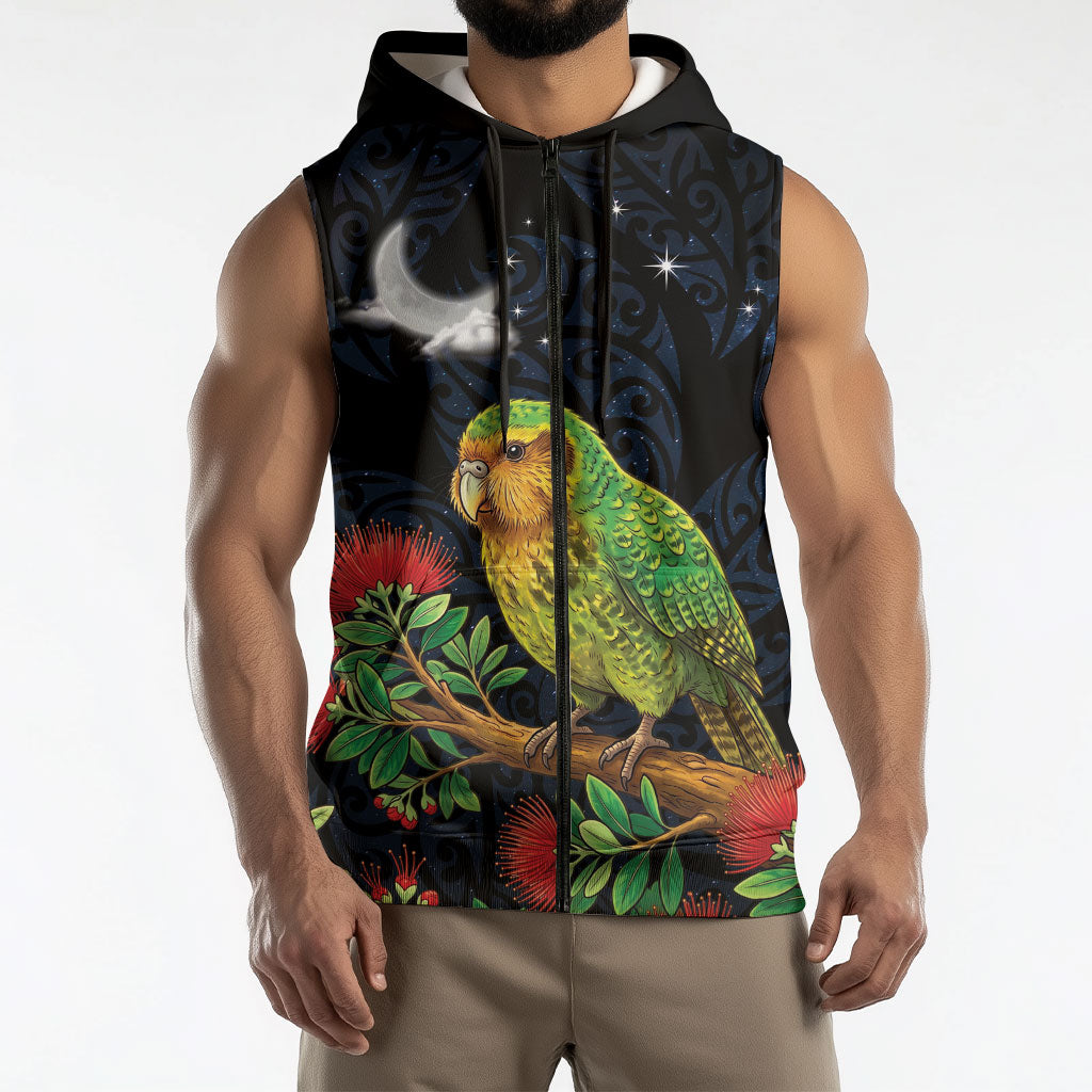 New Zealand Kakapo Matariki Personalised Sleeveless Zip Hoodie Pohutukawa Flower Galaxy Maori Pattern
