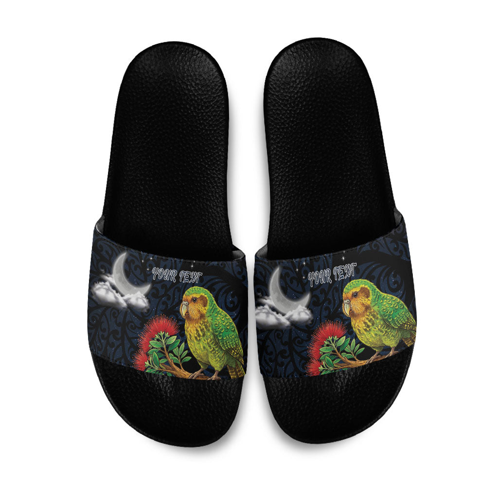New Zealand Kakapo Matariki Personalised Slide Sandals Pohutukawa Flower Galaxy Maori Pattern