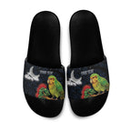 New Zealand Kakapo Matariki Personalised Slide Sandals Pohutukawa Flower Galaxy Maori Pattern