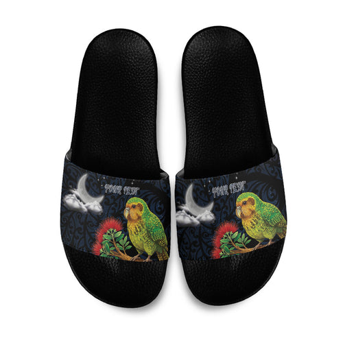 New Zealand Kakapo Matariki Personalised Slide Sandals Pohutukawa Flower Galaxy Maori Pattern