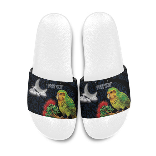 New Zealand Kakapo Matariki Personalised Slide Sandals Pohutukawa Flower Galaxy Maori Pattern