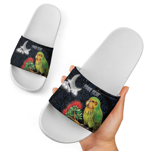 New Zealand Kakapo Matariki Personalised Slide Sandals Pohutukawa Flower Galaxy Maori Pattern