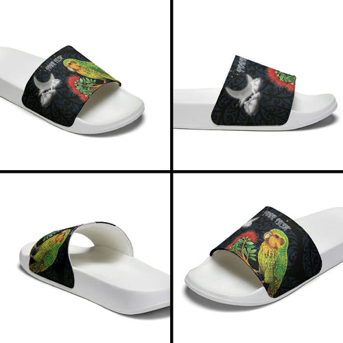 New Zealand Kakapo Matariki Personalised Slide Sandals Pohutukawa Flower Galaxy Maori Pattern