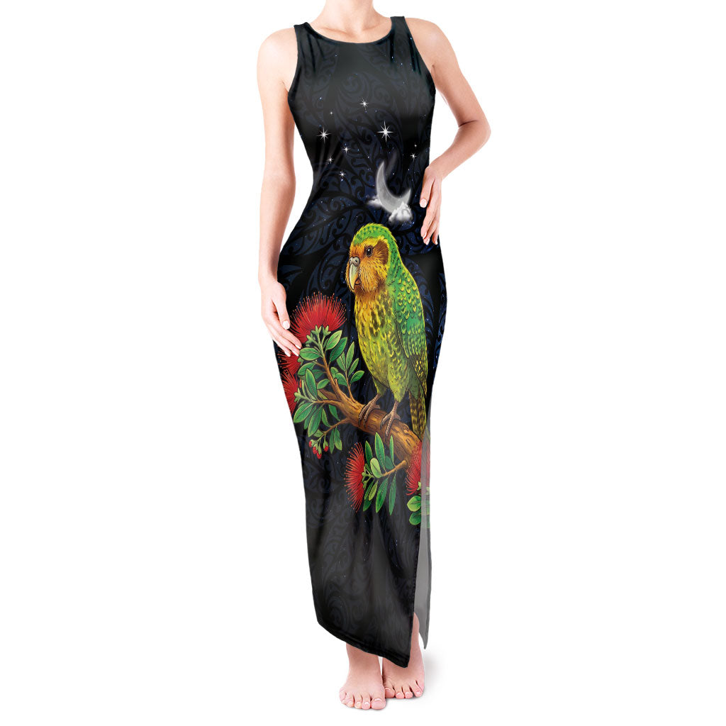New Zealand Kakapo Matariki Personalised Tank Maxi Dress Pohutukawa Flower Galaxy Maori Pattern
