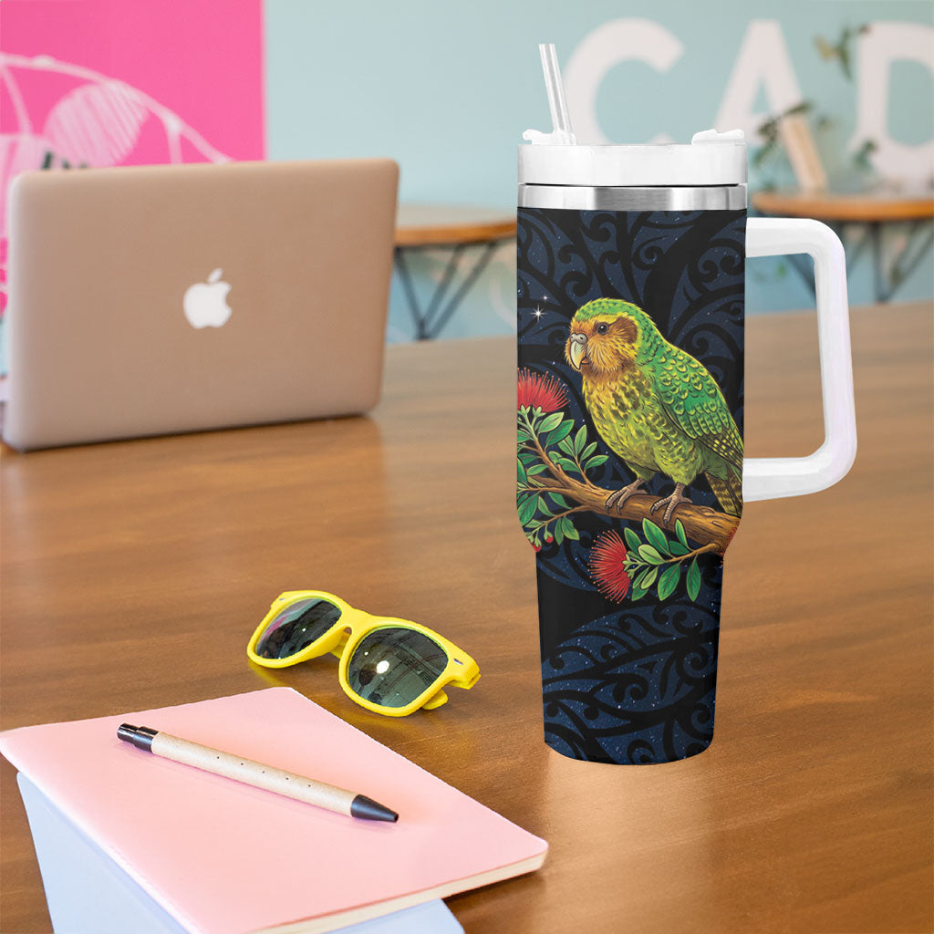 New Zealand Kakapo Matariki Personalised Tumbler With Handle Pohutukawa Flower Galaxy Maori Pattern