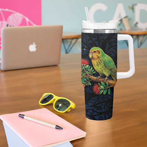New Zealand Kakapo Matariki Personalised Tumbler With Handle Pohutukawa Flower Galaxy Maori Pattern