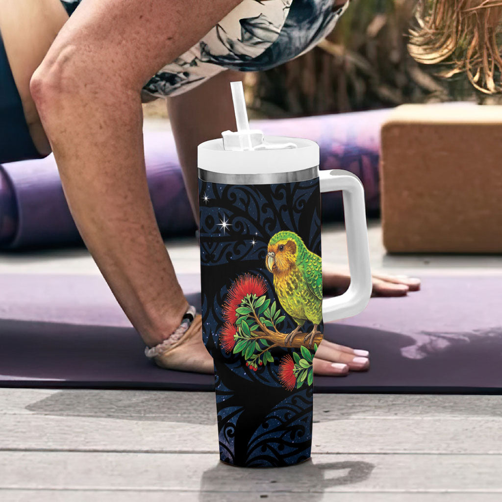 New Zealand Kakapo Matariki Personalised Tumbler With Handle Pohutukawa Flower Galaxy Maori Pattern