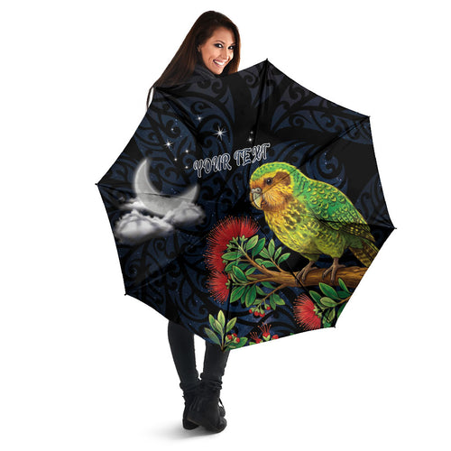 New Zealand Kakapo Matariki Personalised Umbrella Pohutukawa Flower Galaxy Maori Pattern