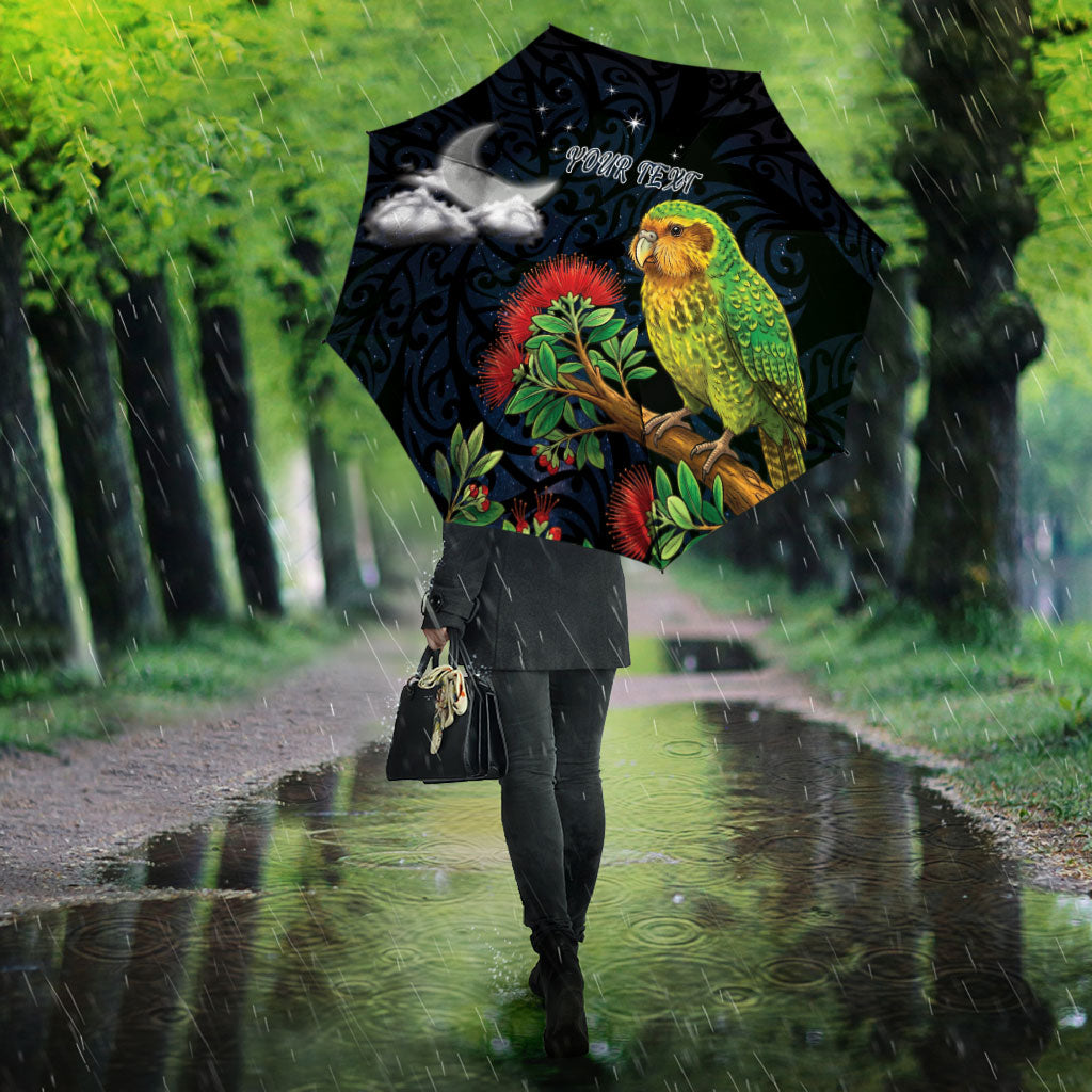 New Zealand Kakapo Matariki Personalised Umbrella Pohutukawa Flower Galaxy Maori Pattern