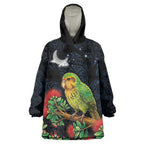 New Zealand Kakapo Matariki Personalised Wearable Blanket Hoodie Pohutukawa Flower Galaxy Maori Pattern
