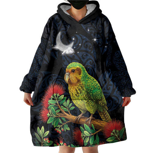 New Zealand Kakapo Matariki Personalised Wearable Blanket Hoodie Pohutukawa Flower Galaxy Maori Pattern