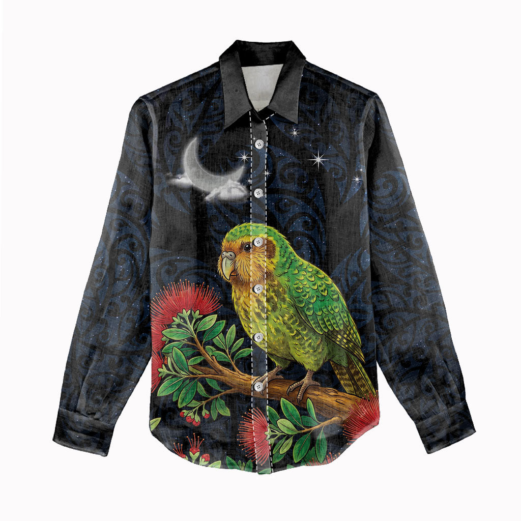 New Zealand Kakapo Matariki Personalised Women Casual Shirt Pohutukawa Flower Galaxy Maori Pattern