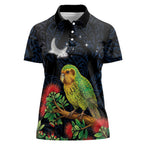 New Zealand Kakapo Matariki Personalised Women Polo Shirt Pohutukawa Flower Galaxy Maori Pattern