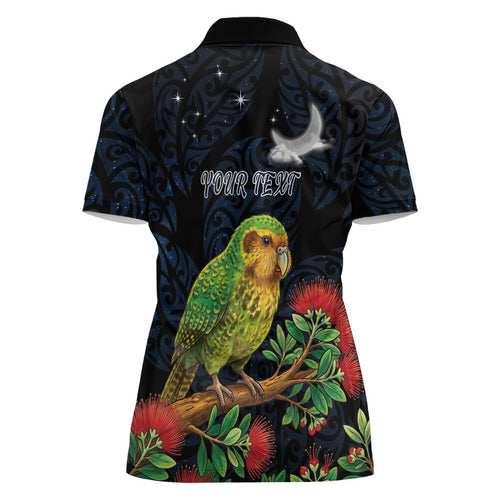 New Zealand Kakapo Matariki Personalised Women Polo Shirt Pohutukawa Flower Galaxy Maori Pattern