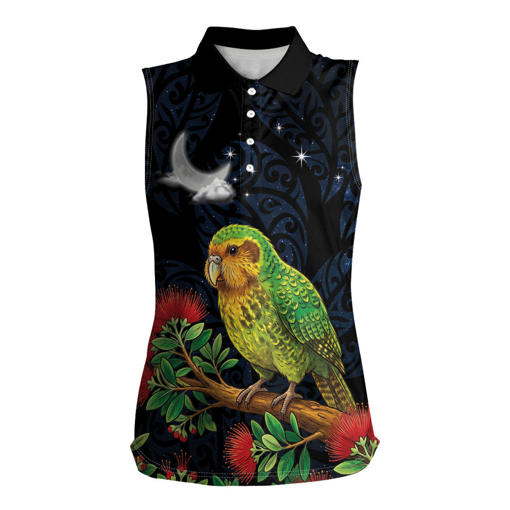 New Zealand Kakapo Matariki Personalised Women Sleeveless Polo Shirt Pohutukawa Flower Galaxy Maori Pattern
