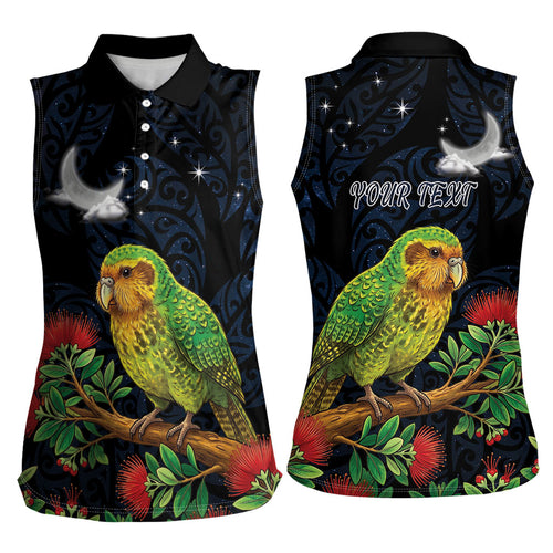 New Zealand Kakapo Matariki Personalised Women Sleeveless Polo Shirt Pohutukawa Flower Galaxy Maori Pattern