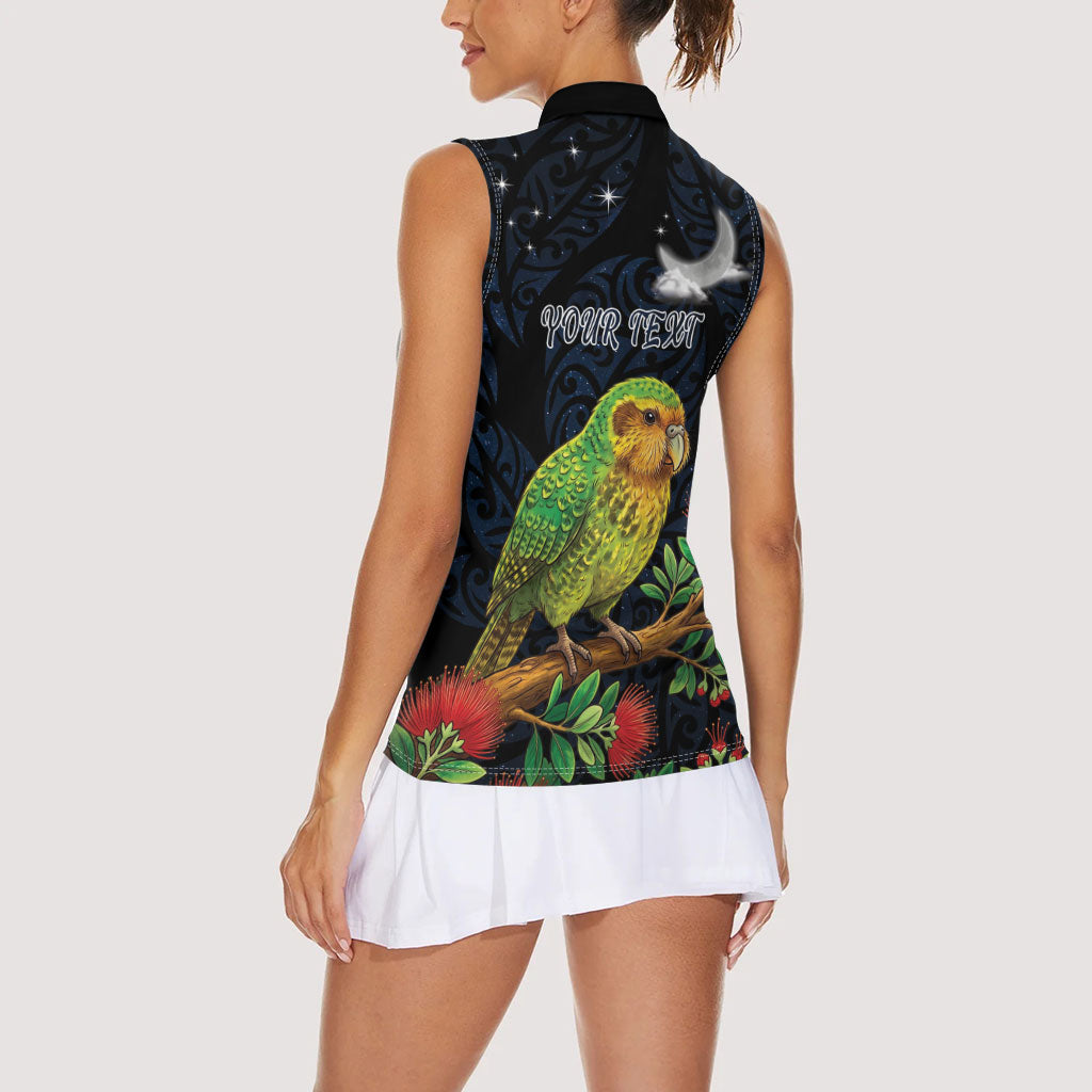 New Zealand Kakapo Matariki Personalised Women Sleeveless Polo Shirt Pohutukawa Flower Galaxy Maori Pattern