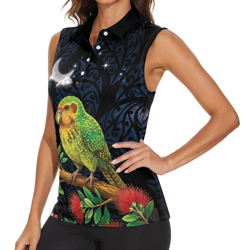 New Zealand Kakapo Matariki Personalised Women Sleeveless Polo Shirt Pohutukawa Flower Galaxy Maori Pattern