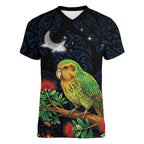 New Zealand Kakapo Matariki Personalised Women V-Neck T-Shirt Pohutukawa Flower Galaxy Maori Pattern