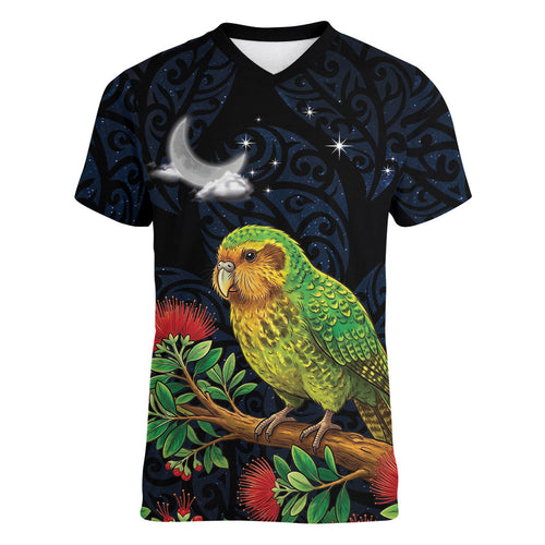 New Zealand Kakapo Matariki Personalised Women V-Neck T-Shirt Pohutukawa Flower Galaxy Maori Pattern