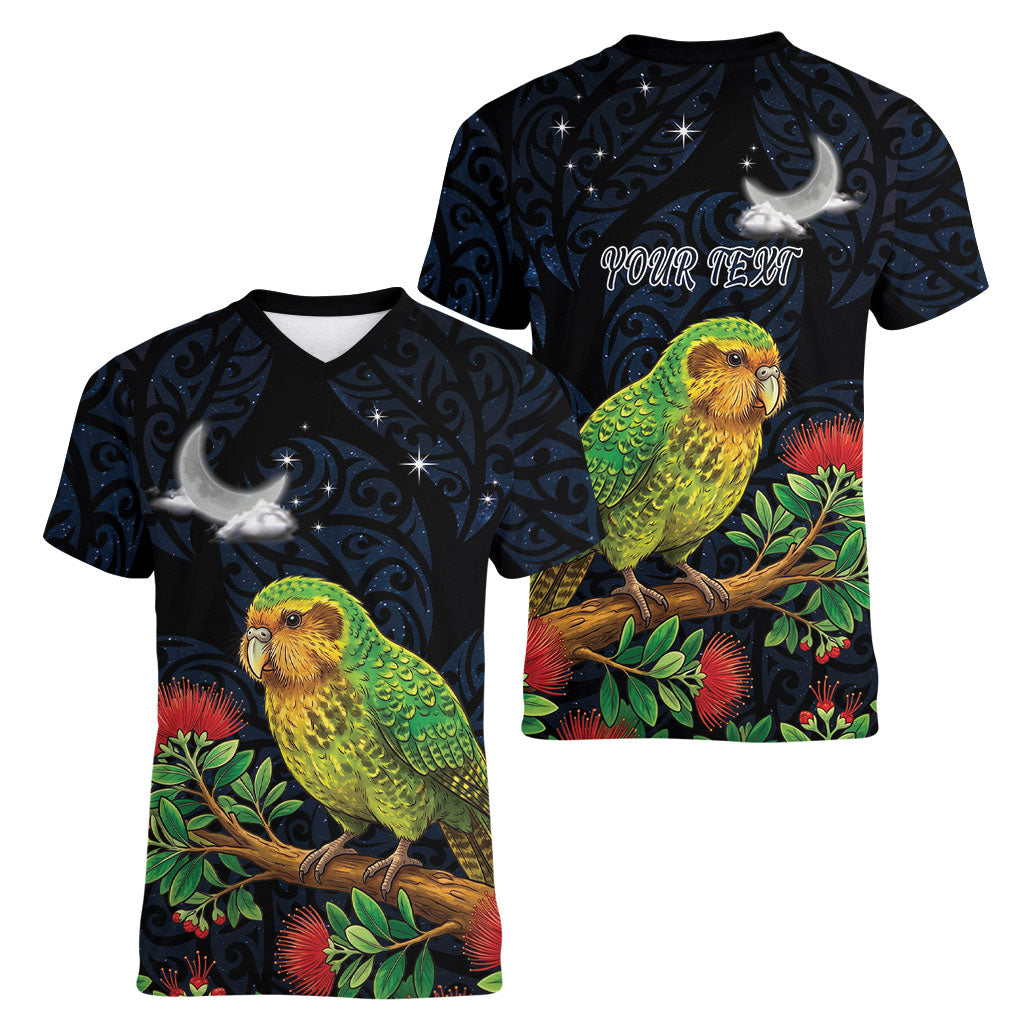 New Zealand Kakapo Matariki Personalised Women V-Neck T-Shirt Pohutukawa Flower Galaxy Maori Pattern