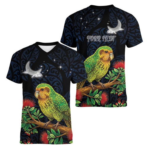 New Zealand Kakapo Matariki Personalised Women V-Neck T-Shirt Pohutukawa Flower Galaxy Maori Pattern