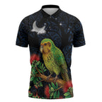 New Zealand Kakapo Matariki Personalised Zipper Polo Shirt Pohutukawa Flower Galaxy Maori Pattern