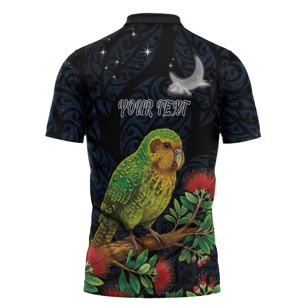 New Zealand Kakapo Matariki Personalised Zipper Polo Shirt Pohutukawa Flower Galaxy Maori Pattern