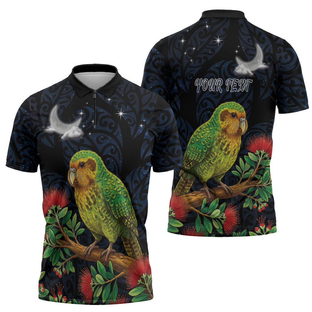 New Zealand Kakapo Matariki Personalised Zipper Polo Shirt Pohutukawa Flower Galaxy Maori Pattern