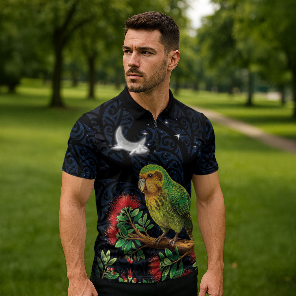 New Zealand Kakapo Matariki Personalised Zipper Polo Shirt Pohutukawa Flower Galaxy Maori Pattern