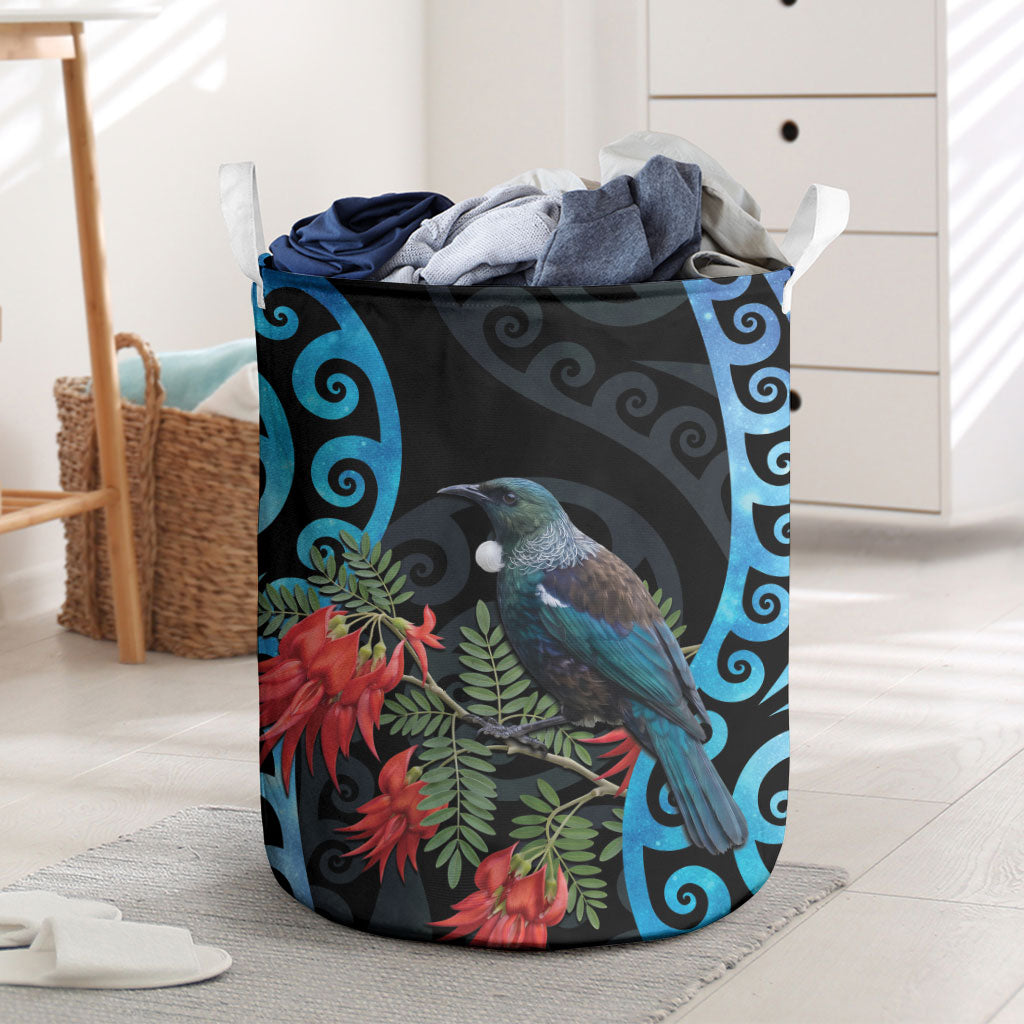 Tui Bird Kakabeak New Zealand Laundry Basket Clianthus Galaxy Maori Koru Pattern