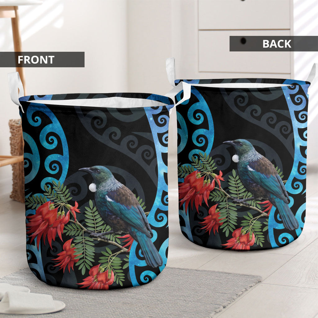 Tui Bird Kakabeak New Zealand Laundry Basket Clianthus Galaxy Maori Koru Pattern