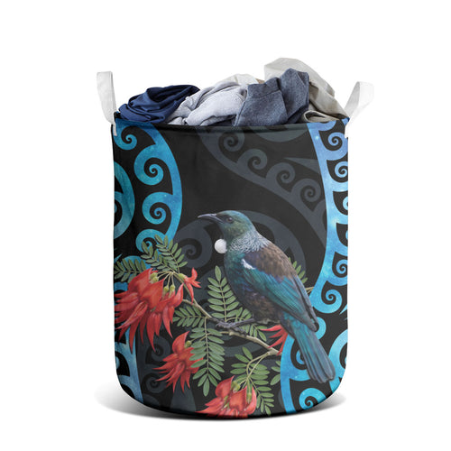 Tui Bird Kakabeak New Zealand Laundry Basket Clianthus Galaxy Maori Koru Pattern