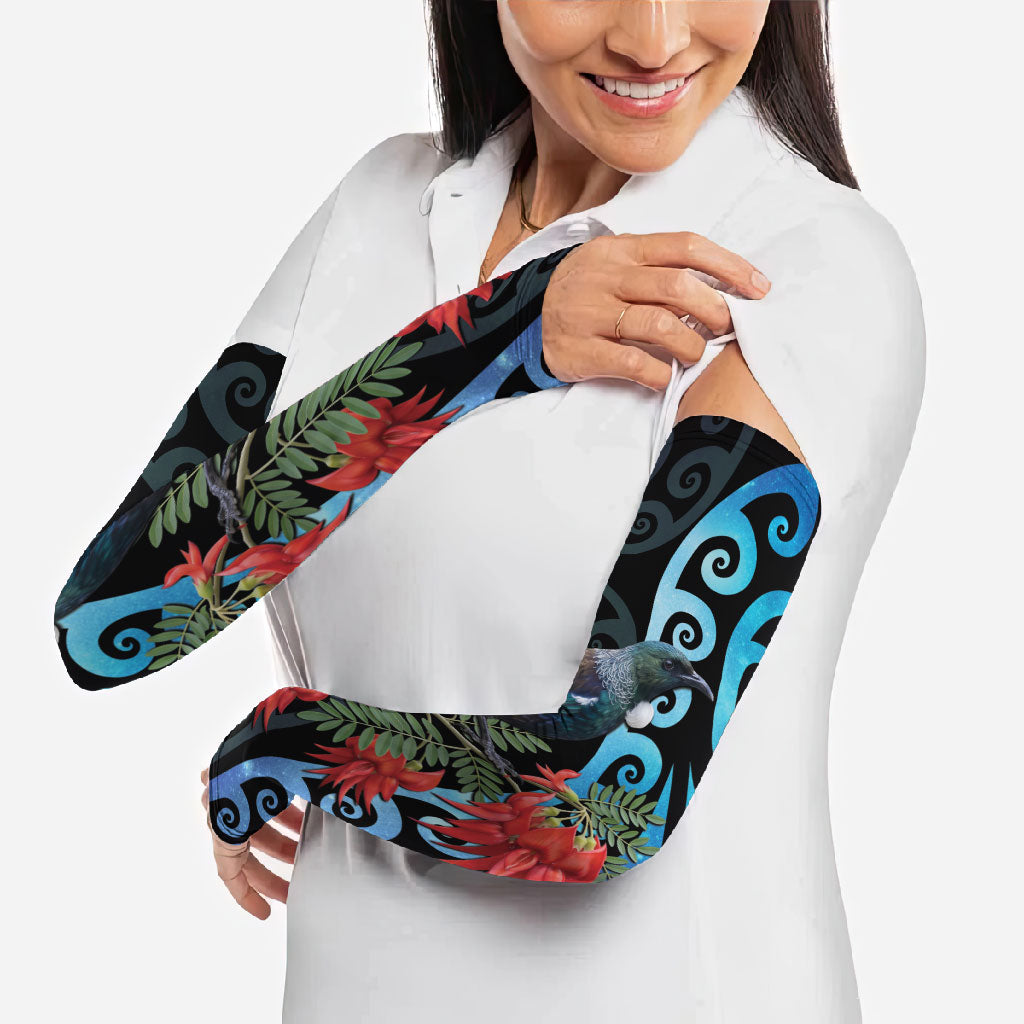 Tui Bird Kakabeak New Zealand Arm Sleeves Clianthus Galaxy Maori Koru Pattern