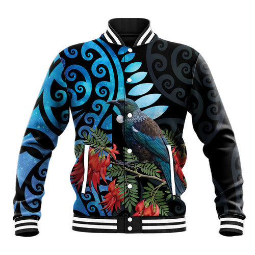Tui Bird Kakabeak New Zealand Baseball Jacket Clianthus Galaxy Maori Koru Pattern