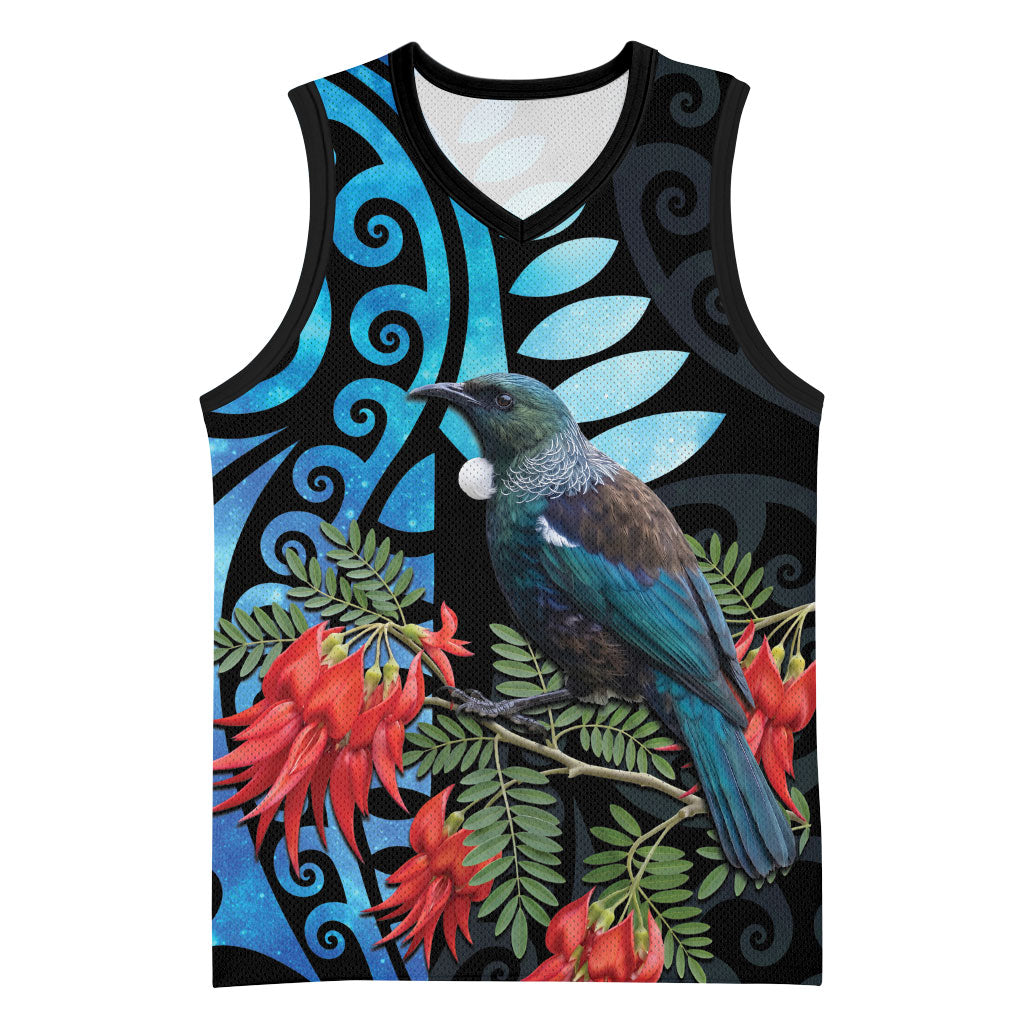 Tui Bird Kakabeak New Zealand Basketball Jersey Clianthus Galaxy Maori Koru Pattern
