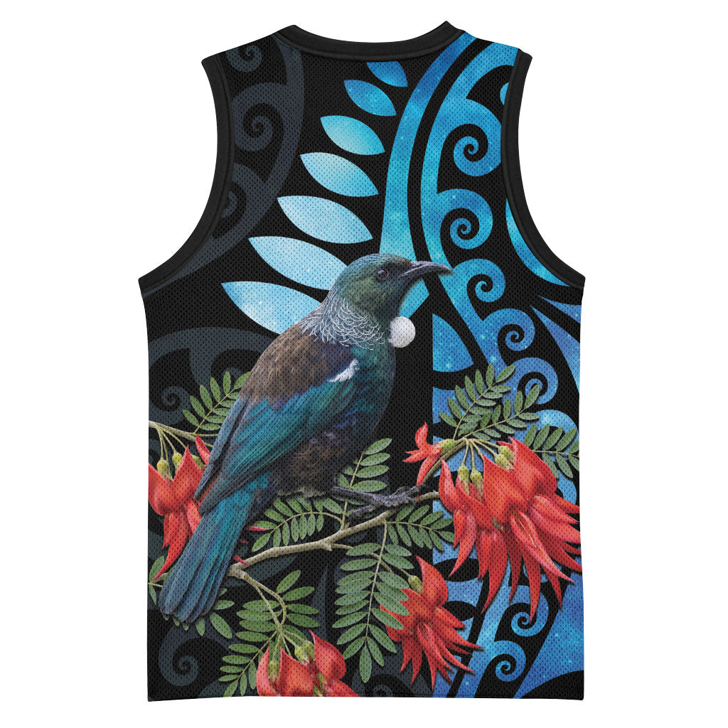 Tui Bird Kakabeak New Zealand Basketball Jersey Clianthus Galaxy Maori Koru Pattern