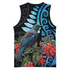 Tui Bird Kakabeak New Zealand Basketball Jersey Clianthus Galaxy Maori Koru Pattern