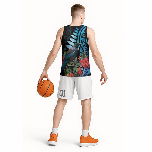 Tui Bird Kakabeak New Zealand Basketball Jersey Clianthus Galaxy Maori Koru Pattern